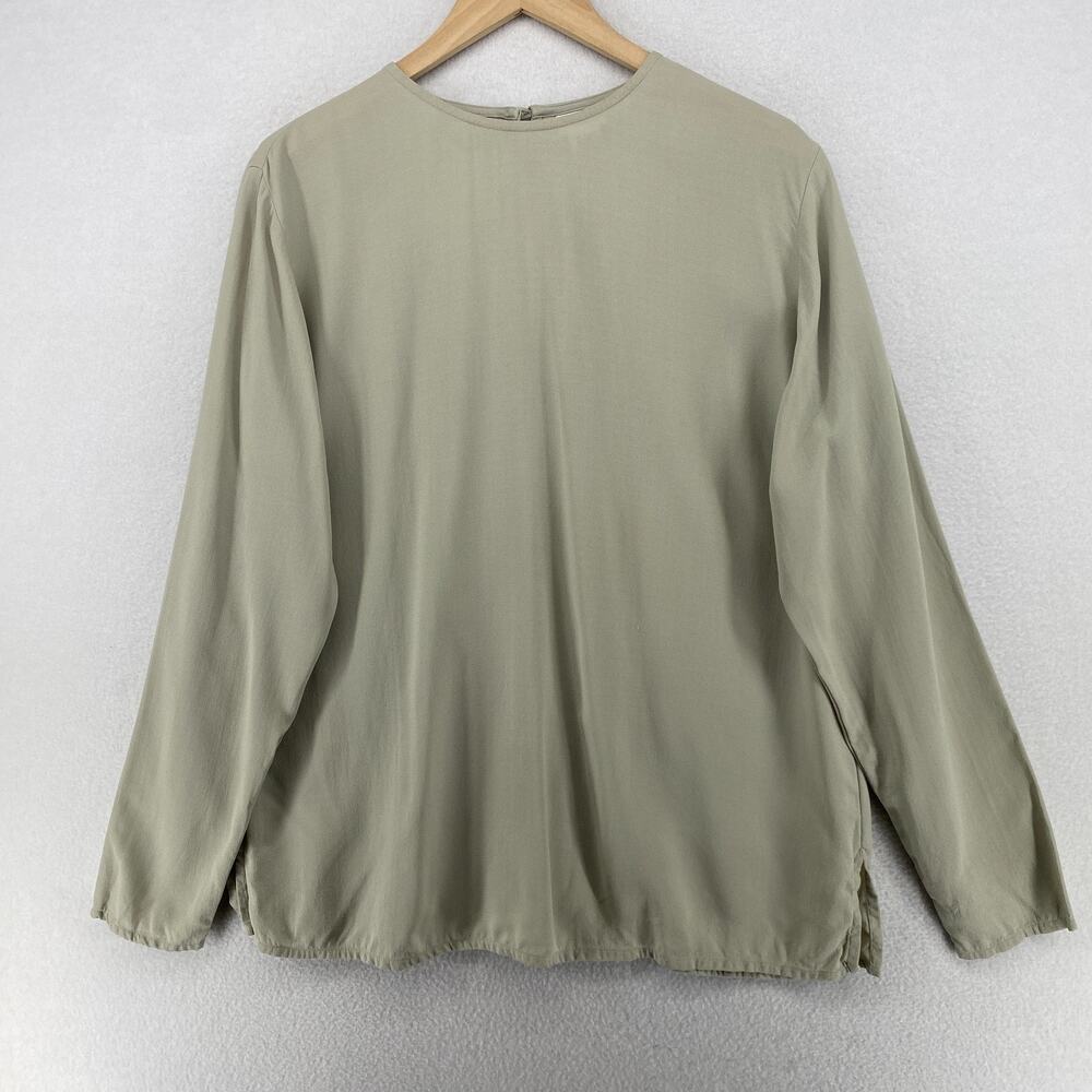 EILEEN FISHER Top M 100% Silk Georgette Crepe Round Neck Long Sleeve Beige VTG